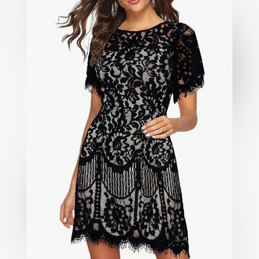 Elegant Floral Lace Cocktail Dress | Wedding Guest | V-Back A-Line